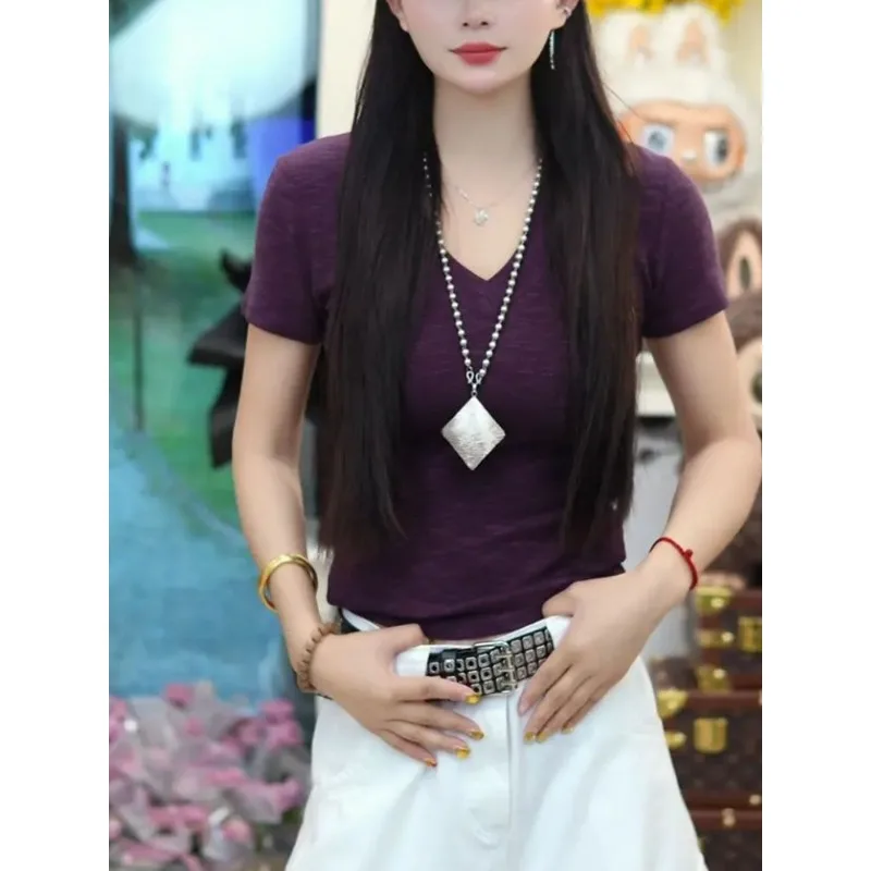 

New Summer V Neck Short Sleeve T-Shirt Slim Fit Casual Korean Style Top