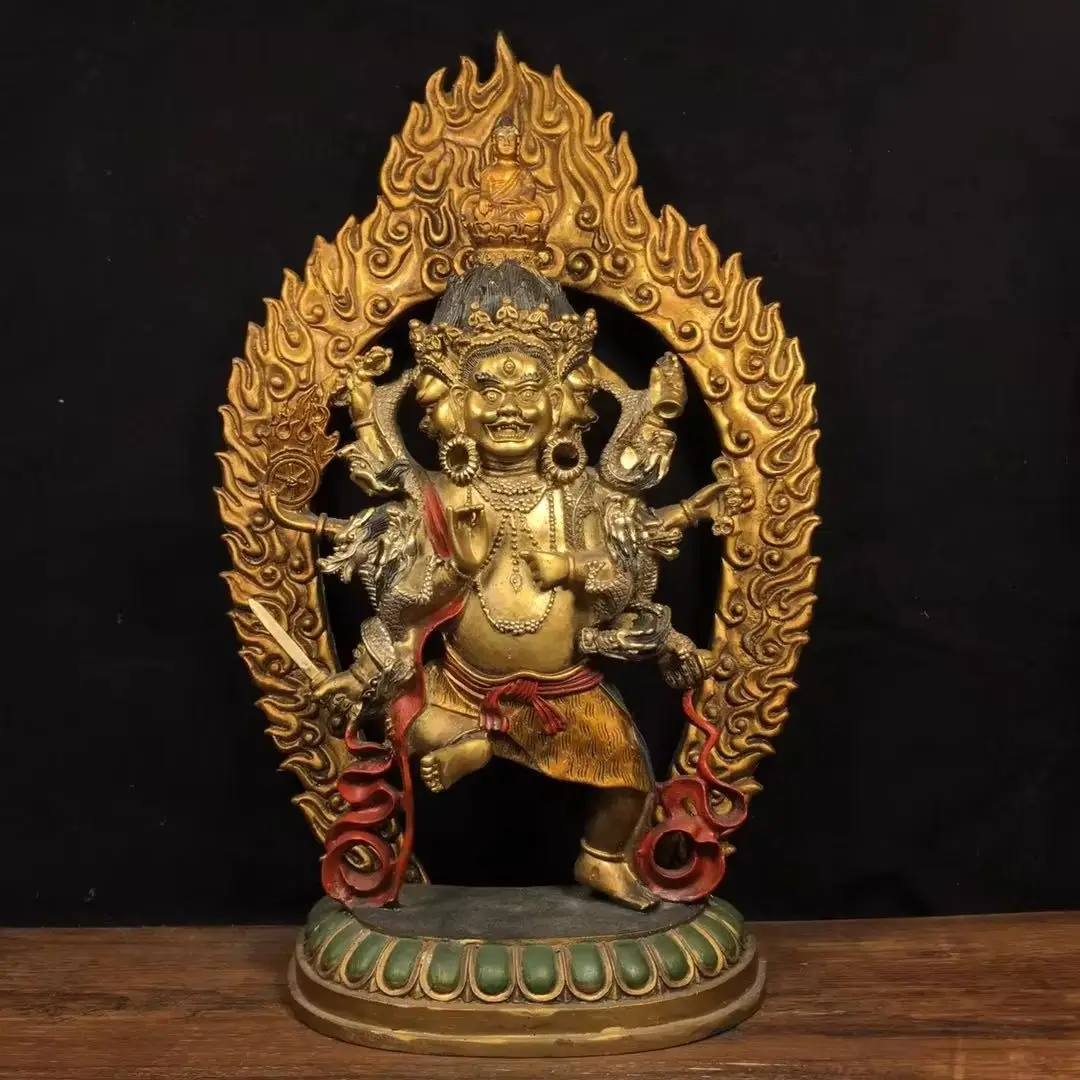 Old Collection Old Bronze Painted Three Headed Eight Armed Mahakala Sitting  Buddha  Backlight lotus platform
