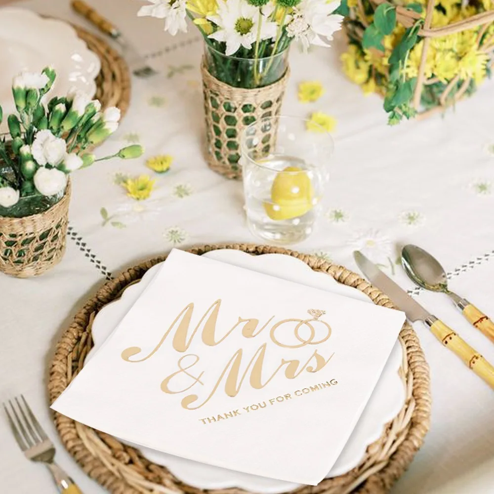 100pcs Bronzing Printed Mr Mrs Wedding Napkins 3-Ply Soft Cocktail Napkins Paper Disposable Napkins for Wedding Anniversary