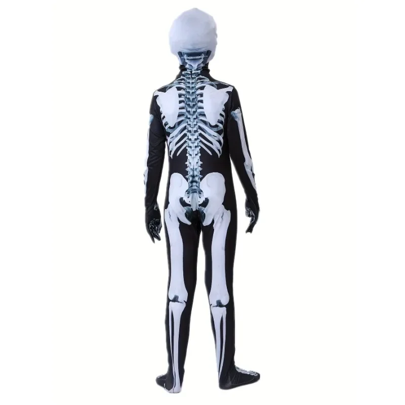 3-12Y Halloween Boys Skeleton Costume Printed Skeleton Mask Jumpsuit with Scary Mask Spooky Devil Role Play Holiday Party