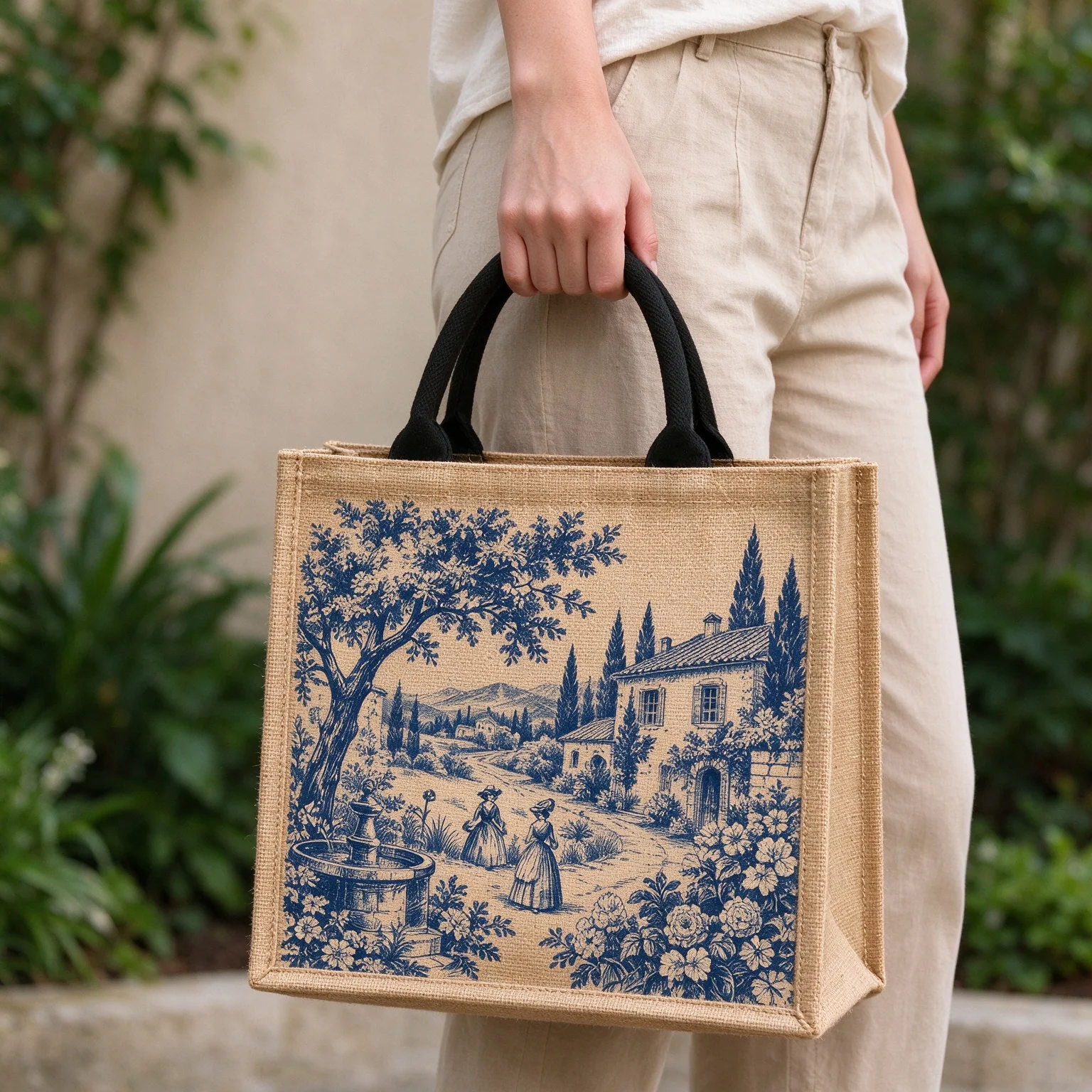 Vintage Blue Toile de Jouy Jute Tote Bag, French Country Scenic Print Reusable Shopping Bag for Women