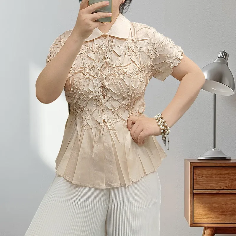

Pleated Short-sleeved Tops Women's Miyake Summer Lapel Single-breasted Top T-shirt Simple Temperament Large Size with Elasticity