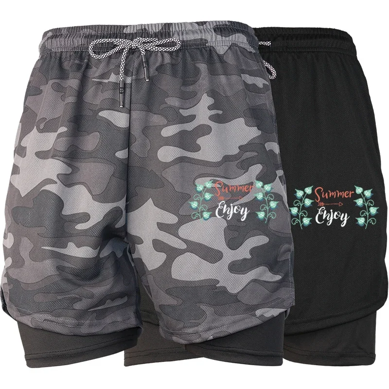 

Мужские летние шорты 2 в 1, спортивные шорты для тренировок в тренажерном зале с принтом и карманом для телефона, быстросохнущие, дышащие