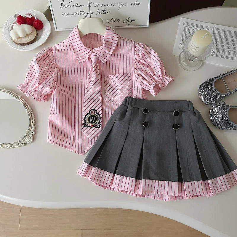 

Children's Summer Outfit Set for Girls: College Style Striped Puff Sleeve Shirt and Short Skirt Two-Piece Set Trendy