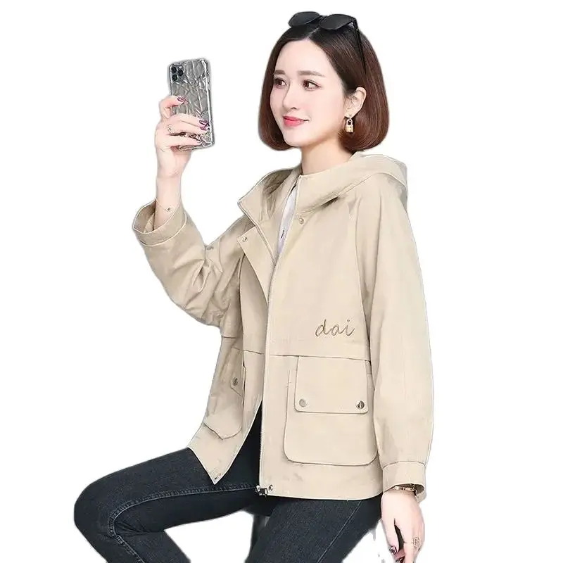 Spring Autumn Hooded Short Jacket Women 2024 New Fashion Loose Casual Coat Pure Colour Embroidery Outerwear Female