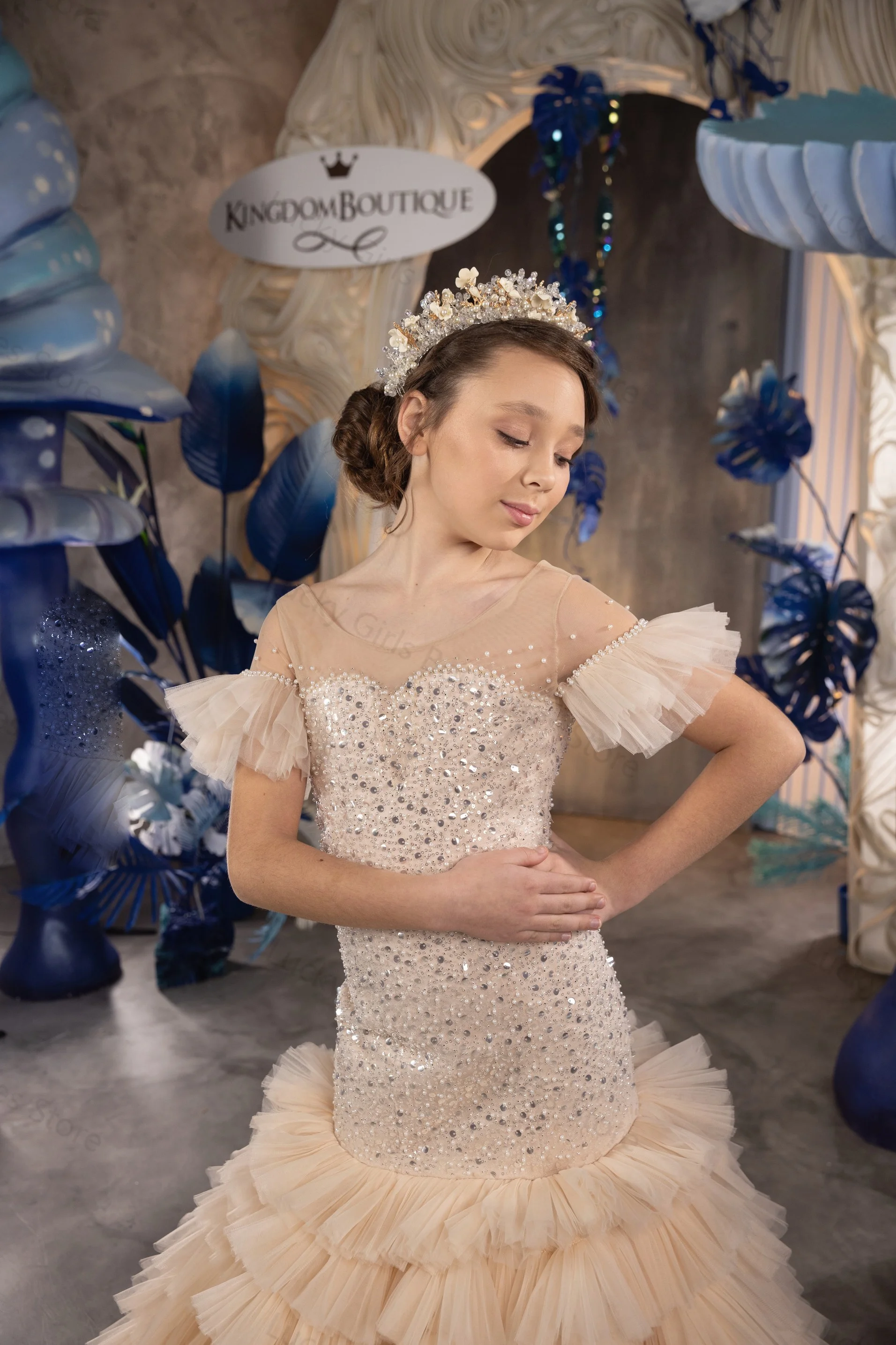 Champagne Mermaid Girls Pageant Dresses Glitter paillettes abiti da compleanno per bambini abiti da sposa per bambini con volant a strati