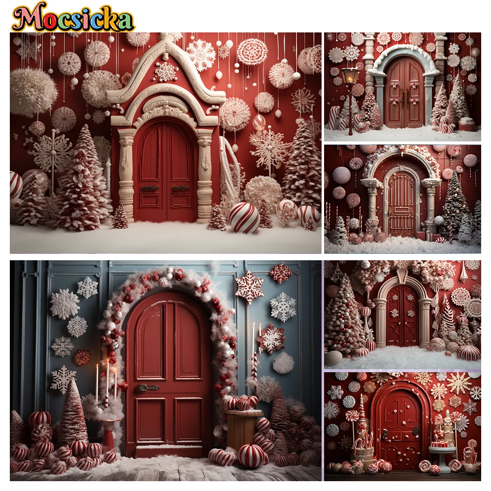 

Mocsicka Winter Christmas Photography Backgrounds Red Candy Gate Xmas Tree Holiday Party Family Adult Photo Backdrops Studio