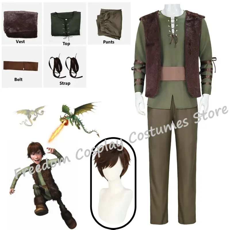 

♥ New 2026 Movie Hiccup Cosplay Costume wig Green T Shirt Pant Brown Vest Set Halloween adult cartoon dragon ★Bear House