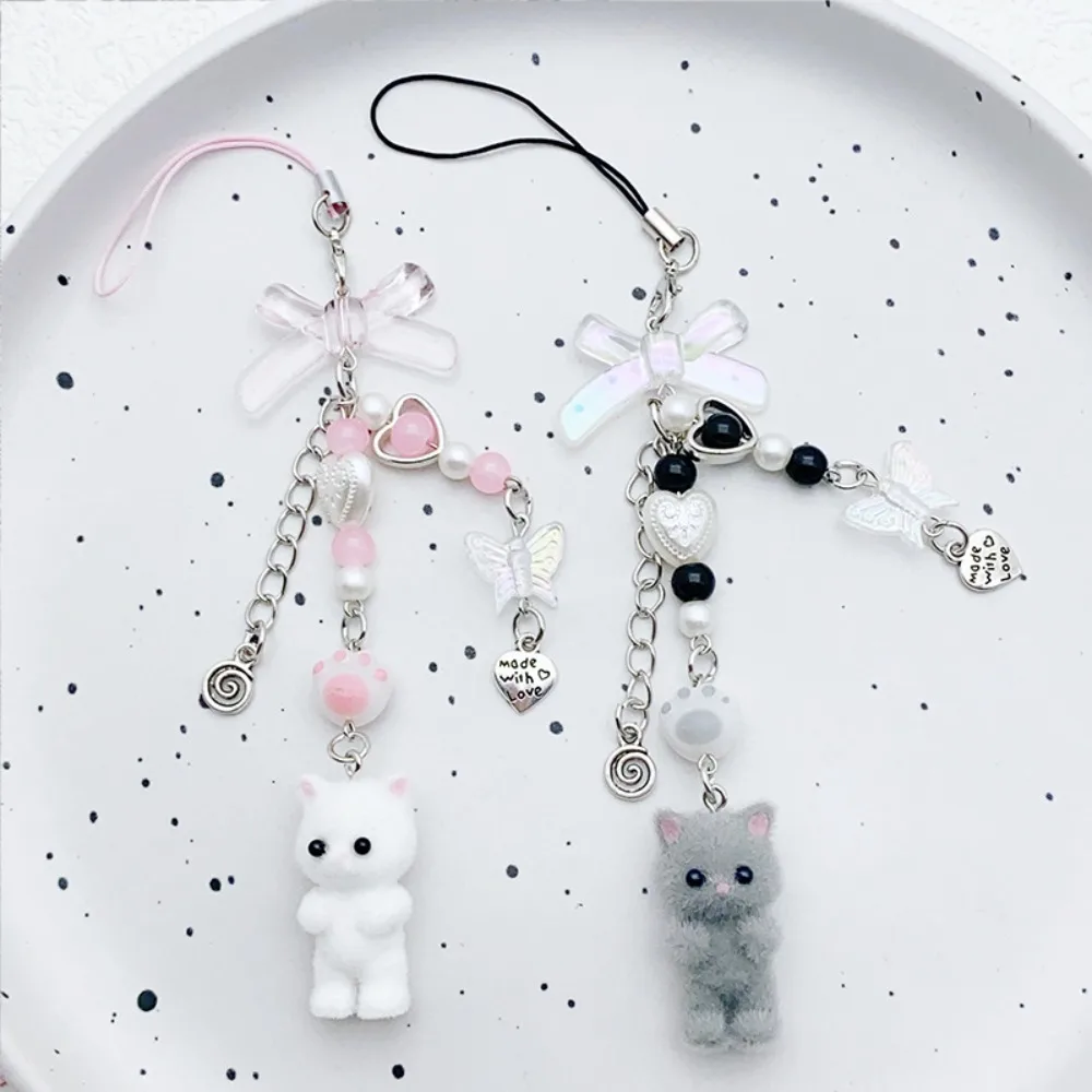 Cute Sweet Bowknot  String Beads Flocking Kitty Key Chains Mobile Phone Pendant for Women Exquisite Cat Jewelry Accessory Gifts