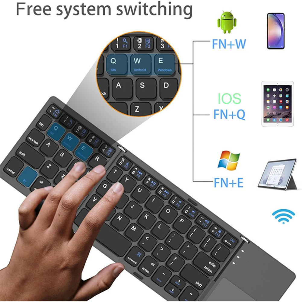 Portable Travel Keyboard with Touchpad Rechargeable Pocket-Sized Keyboard Tri-Folding for Android Windows iOS Tablet & Laptop