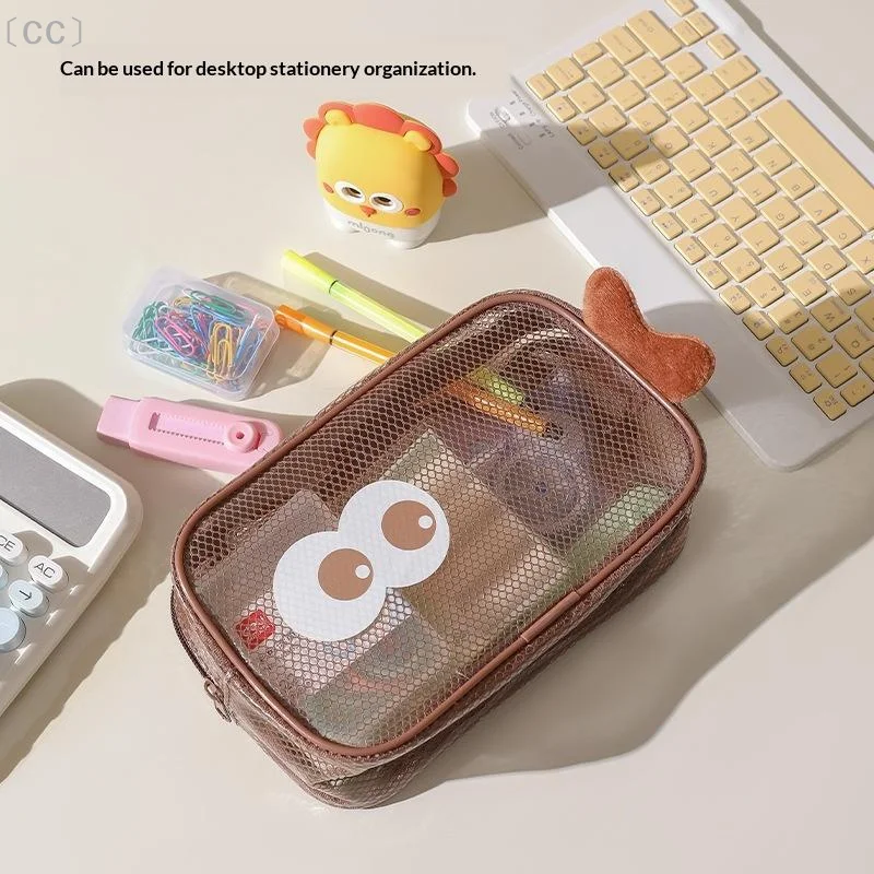 〔CC〕Cute Cartoon Mesh Cosmetic Bag Ultra Light Transparent Zipper Closure Space Saving Makeup Pouch for Travel School〔88〕