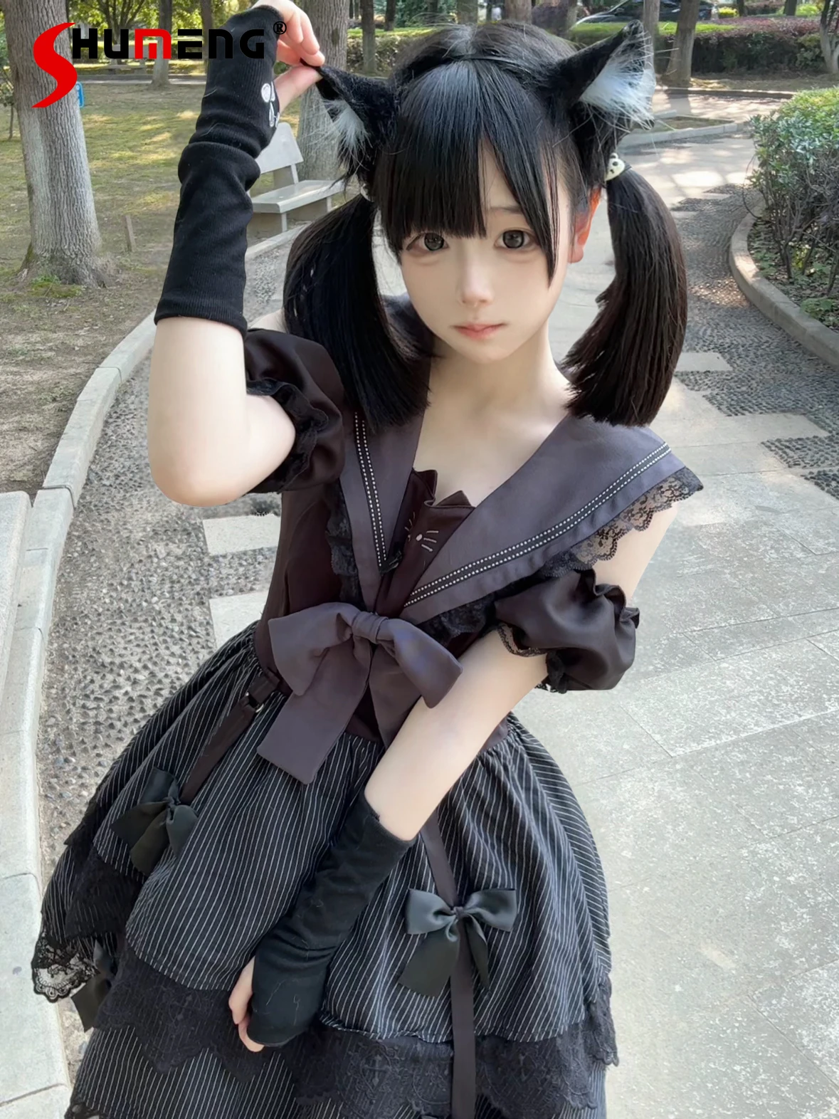 

Japanese Subculture Black Short Dress Set Summer New Girl's Gothic Cute Bow Lace Navy Collar Kawaii Dress Lori Lo Y2k Dresses