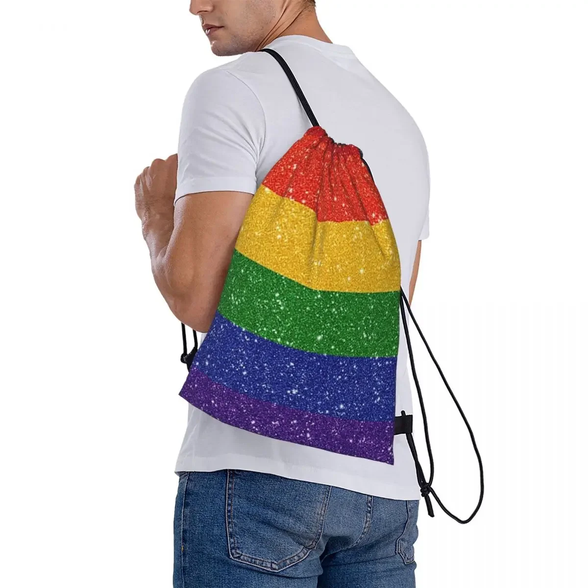 Faux Glitter LGBTQ Pride Rainbow Flag Background Backpacks Drawstring Bags Drawstring Bundle Pocket Sports Bag BookBag