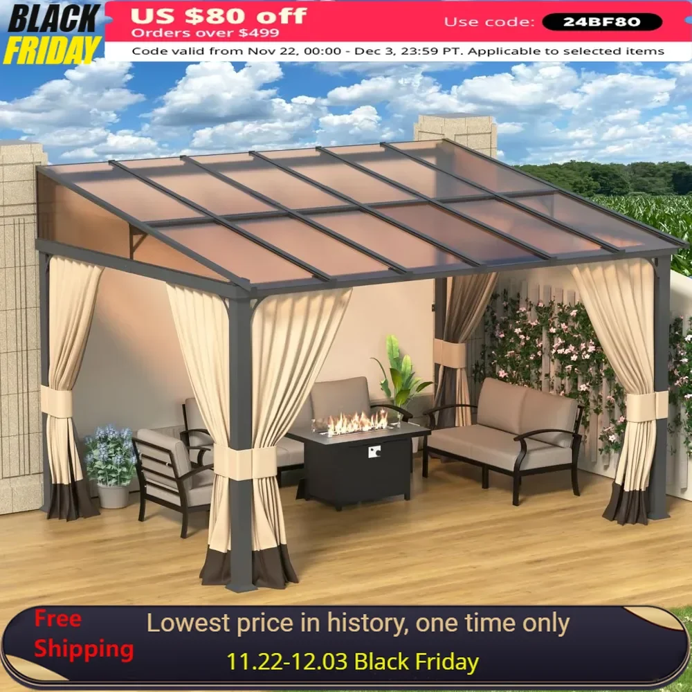 10' X 12' Gazebo, Hard Top Lean To Gazebos Wall Mount Heavy Hardtop Gazebo Outdoor Pergola with Curtains and Netting for Patio