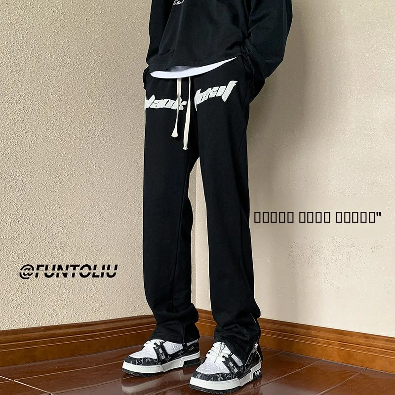 

Мужские зимние повседневные спортивные брюки прямого кроя на флисовой подкладке, свободные длинные брюки в американском ретро-стиле High Street Design