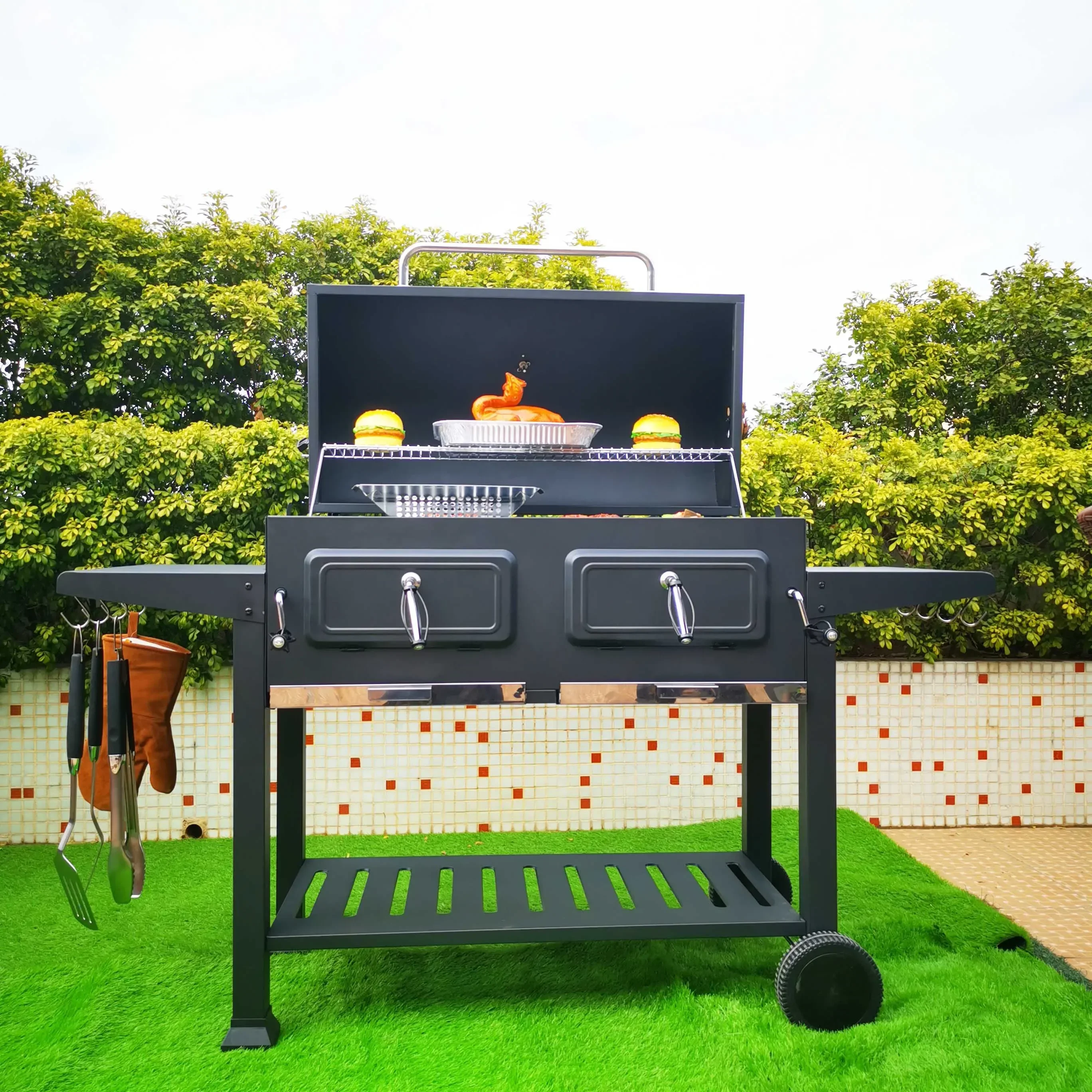 Large Cooking Area Heavy Duty Charcoal Bbq Grill Trolley Smoker Barbecue Barbeque Grill With Double Side Table