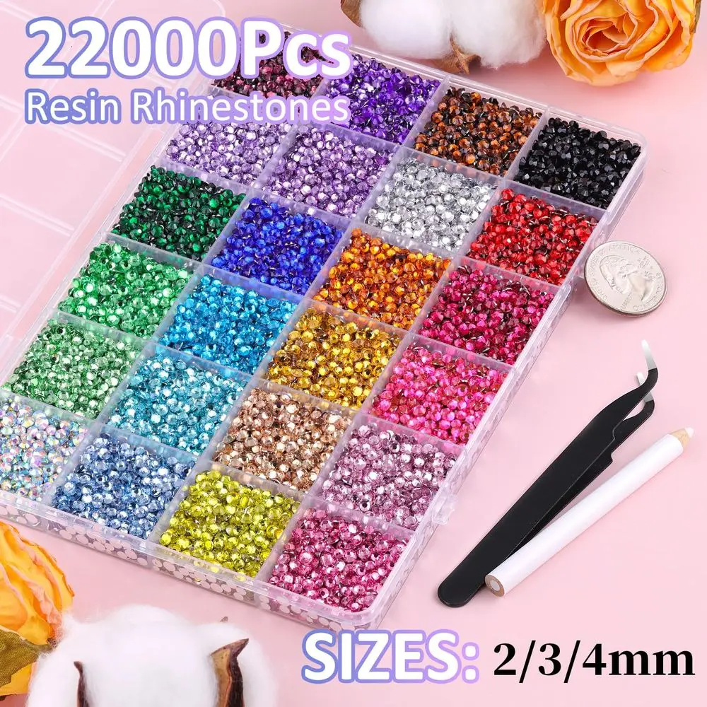 

22000Pcs Resin Rhinestones or Bedazzling with Tweezers, Multicolor 2/3/4mm Rhinestones or Crating with B7000 lry Glue or DIY Cra