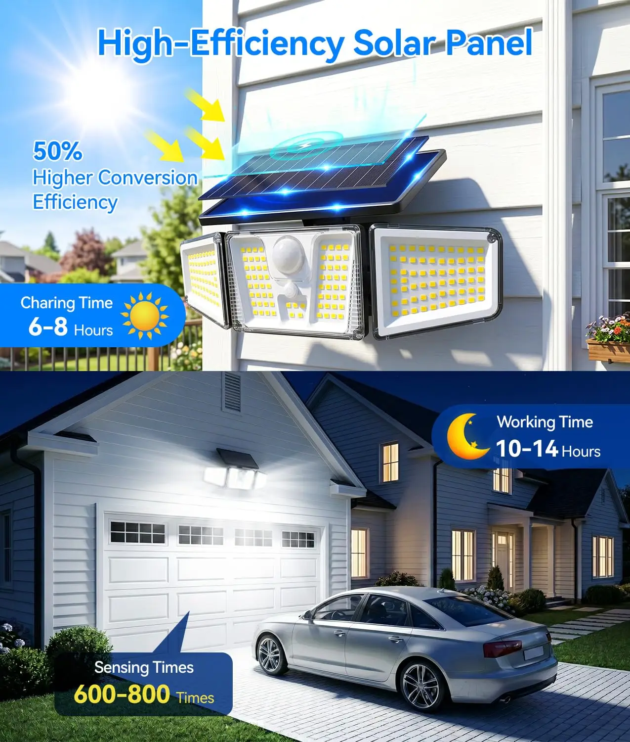 Solar Flood Lights, 210 LED Motion Sensor Outdoor Lights, Solar Motion Lights Outdoor Waterproof, 3 Heads 300° Wide Angle Outdoor Security Lights for Yard Patio Garage Entryways, 2 Pack, Black
