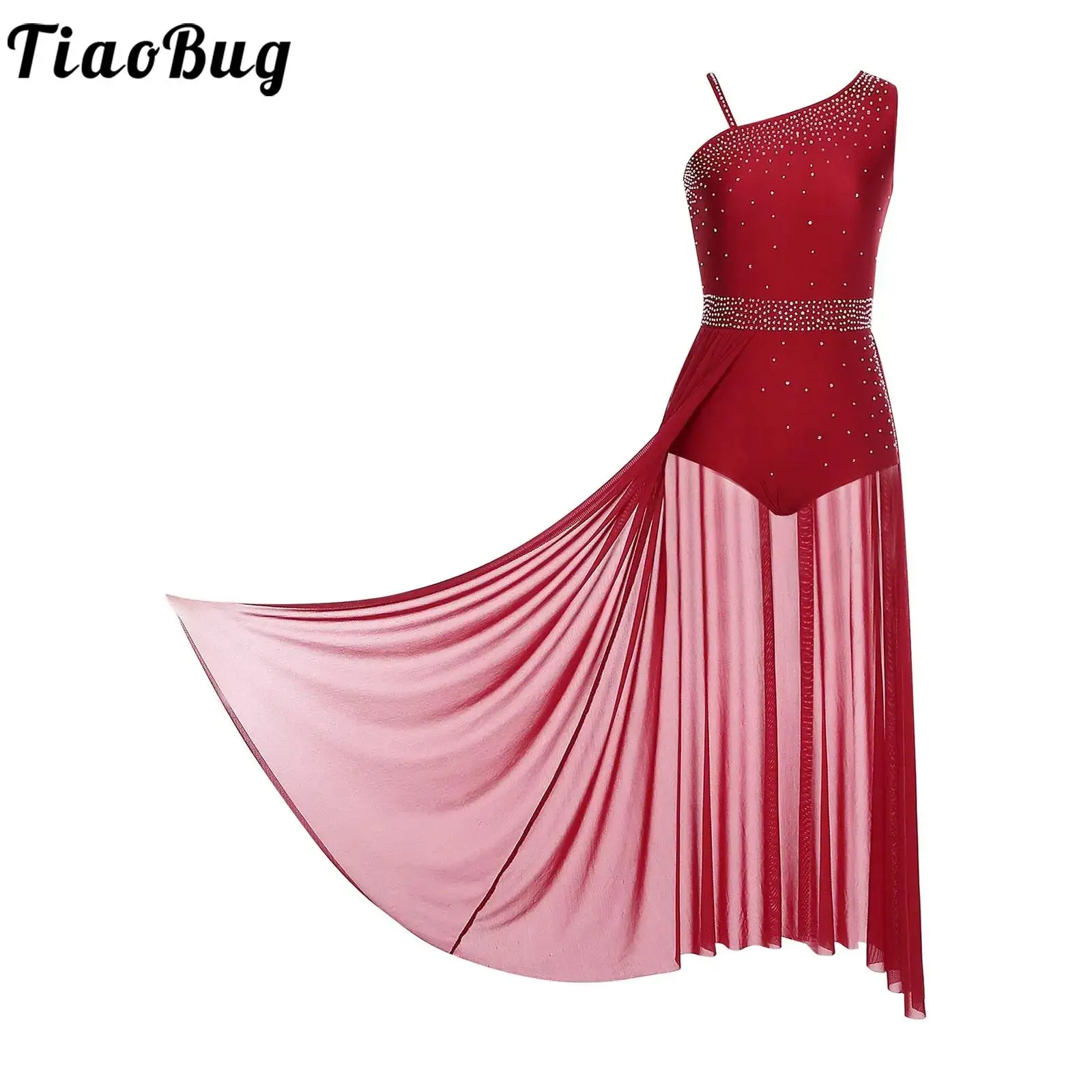 

Women Leotards Lyrical Dance Costume Dress Glittery Rhinestones Sleeveless Split Mesh Maxi Dress Modern Contemporary Dancewear