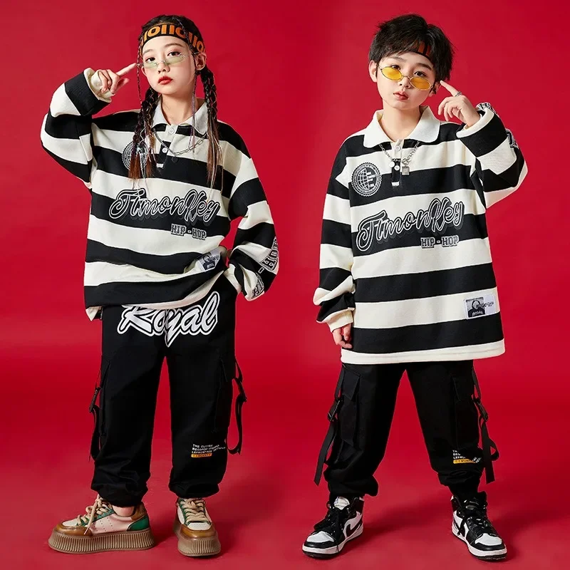 Boys' Street Dance Performance Clothes, Skateboarding Sports Loose Suits, Spring and Autumn Long-sleeved Striped Outerwear