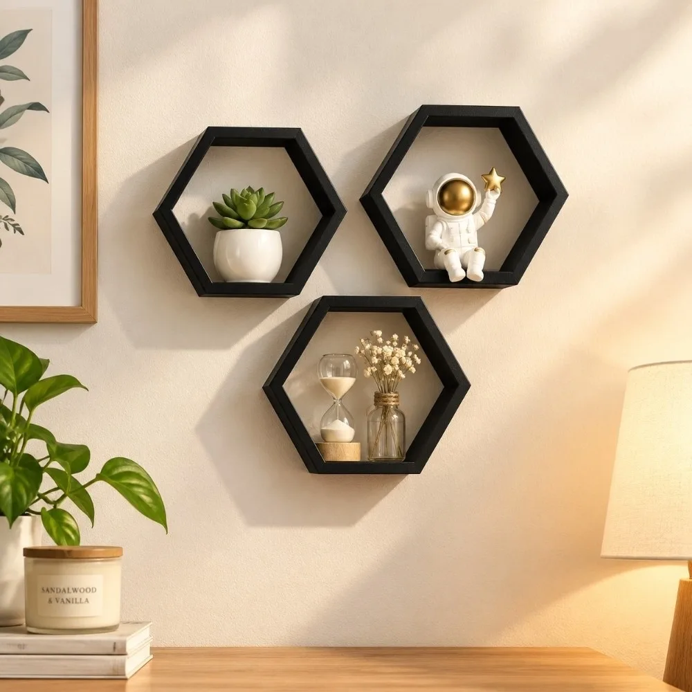 3PCS Wall-Mounted Hexagonal Suspended Storage Rack Nordic Style Wall Decor Geometric Storage Rack Decorative Small