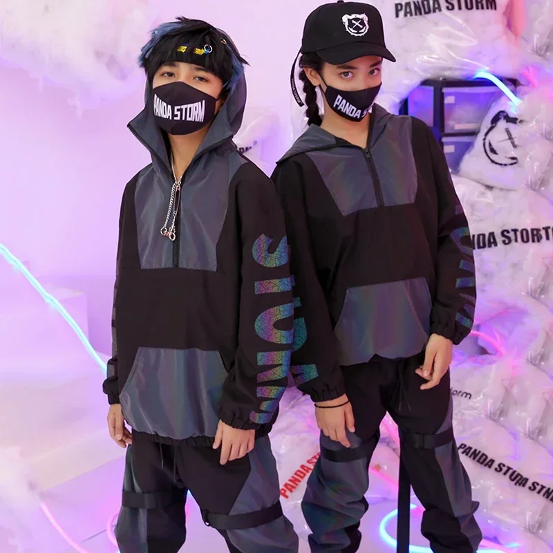 Reflective Hip Hop Performance Clothing For Children Dance Costume Girls Long Sleeve Hoodies Boys Pants Stage Rave Wear BL5021