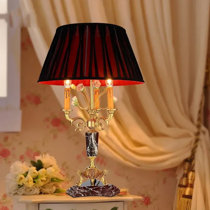 

GHEUVNJ French all copper desk lamp, marble red newlywed bedroom, bedside lamp, European style study, living room, cloth cover,