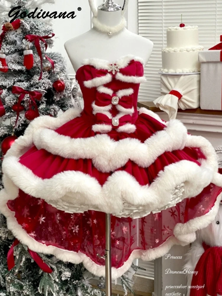 

Sweet Bow Furry Christmas Dress Girl Women Snowflake Bow Slim Strapless Trailing Tutu Dress Winter New Year Princess Party Dress