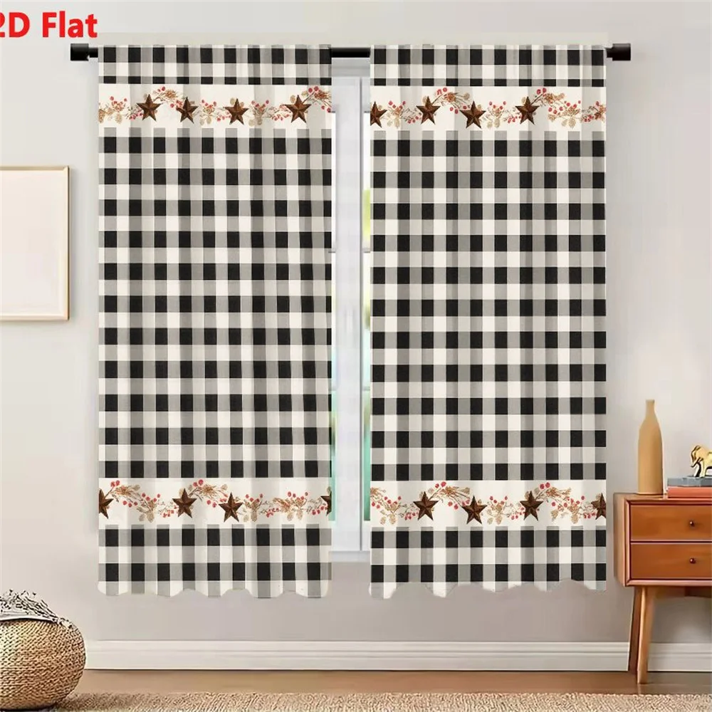 2Pcs Curtains 2D Flat Black And White Gingham Checkered Pattern With Brown Star Red Berries Light Brown Floral Leafy Decorative