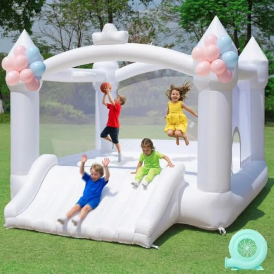 Inflatable white bounce house for kids: PVC, white, large size with wide slide, blower included, basketball hoop, indoor/outdoo