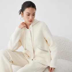 K2707W High Quality Luxury Women's Clothing 66% Long Staple Cotton 25% Australian Wool Hooded Sweatshirt Jacket hoodie