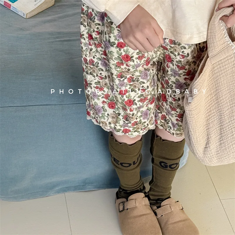 2025 Spring Summer New Children Casual Shorts Cotton Girls Flower Print Five Point Pants Kids Toddler Loose Middle Pants