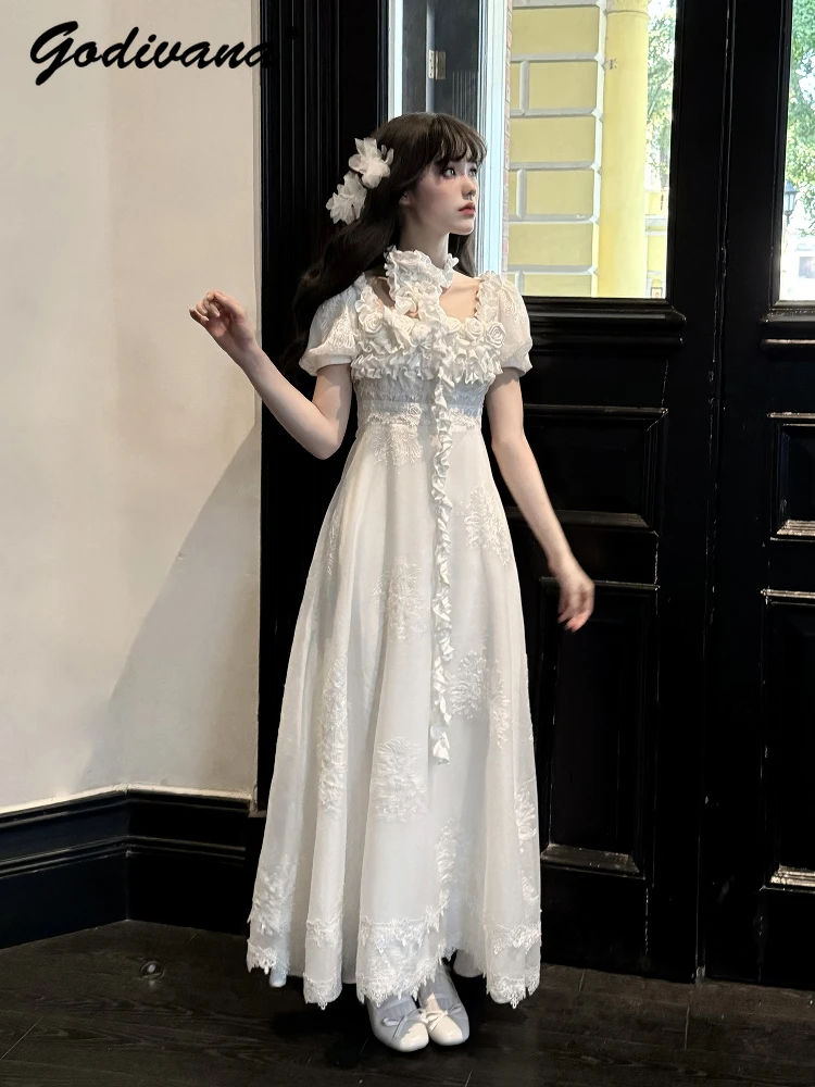 

Lolita 2025 Spring New Daily Embroidery Dark Pattern Imperial Dress Girl Women's Romantic Short Sleeve Slim Lace Long Dresses