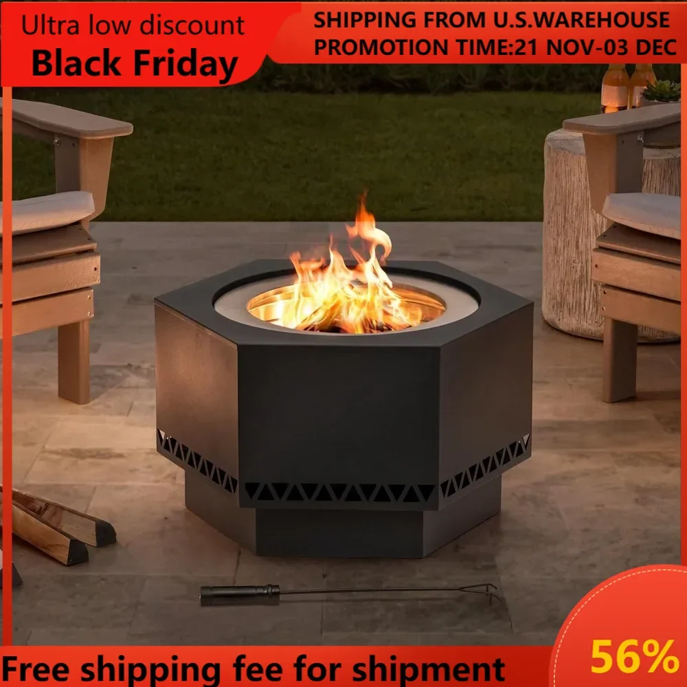 Fire Pit Smokeless 26 in. Hexagonal Outdoor Fire Pit, Patio Wood Burning Smokeless Firepit w/PVC Cover and Fire Poker,