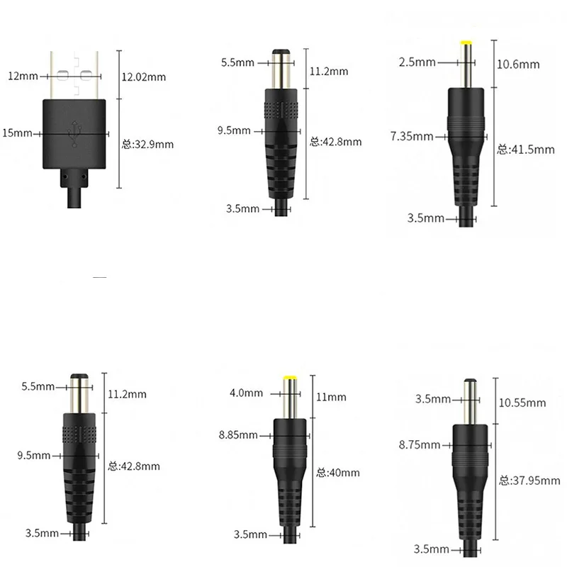 1M USB to DC Port Charging Cable Cord DC Plug Jack 5.5x2.1 5.5x2.5 3.5x1.35 4.0x1.7 2.5x0.7mm Power supply Extension Wire