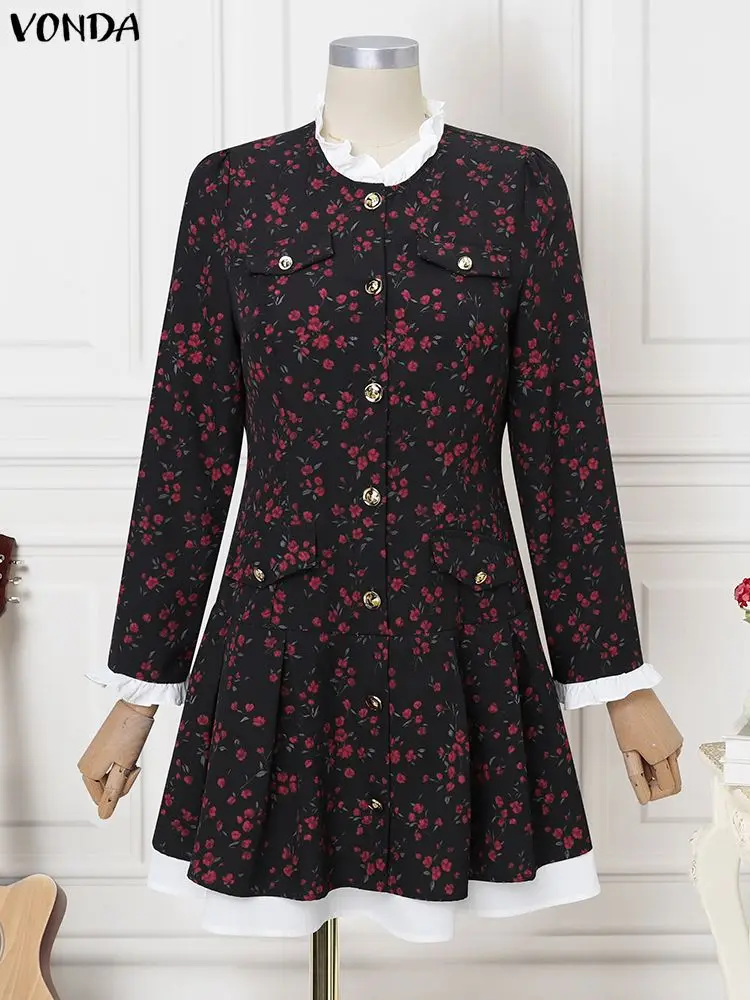 ชุดเดรสผู้หญิงสไตล์โบฮีเมียน VONDA ปี 2025 แขนยาว เซ็กซี่ แบบมินิเดรส แฟชั่นฤดูใบไม้ร่วง แต่งผ้าปะติดระบาย ชุดเดรสสั้นสำหรับงานปาร์ตี้