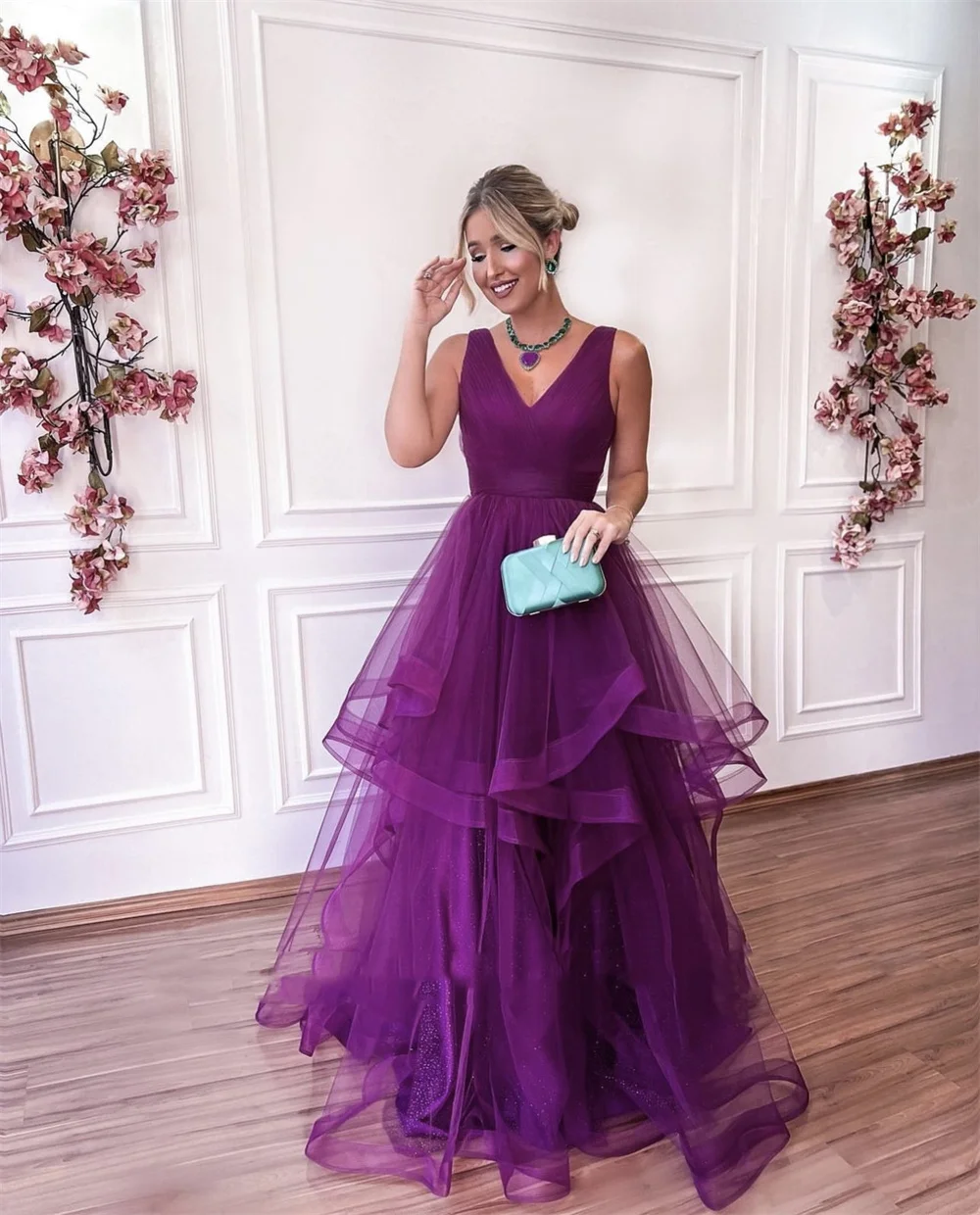 Jessica-vestido De tul púrpura con volantes para mujer, traje elegante De noche para Fiesta, ocasiones formales, boda, 2024