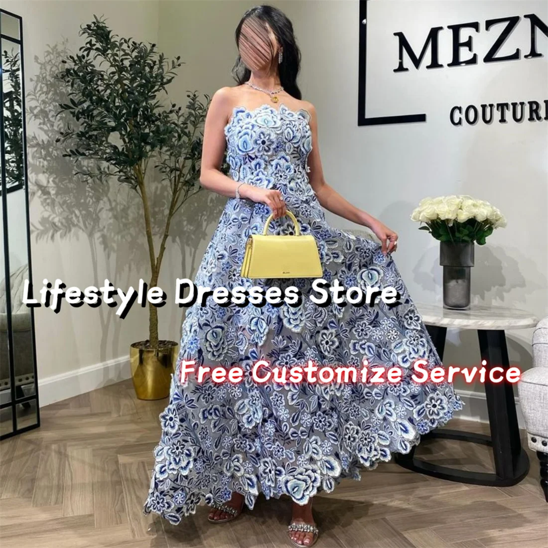 

Strapless Floral Lace Evening Dresses A-Line Sleeveless Prom Dress Arabia Luxury Wedding Party Gown