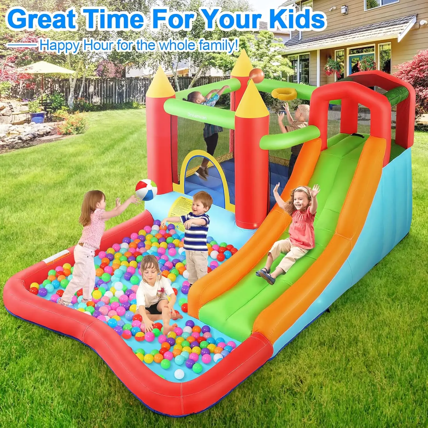 Inflatable Bounce Castle with Blower for Kids 3-12,Outdoor/Indoor Bouncy House Water Park for Backyard with Splash Slide