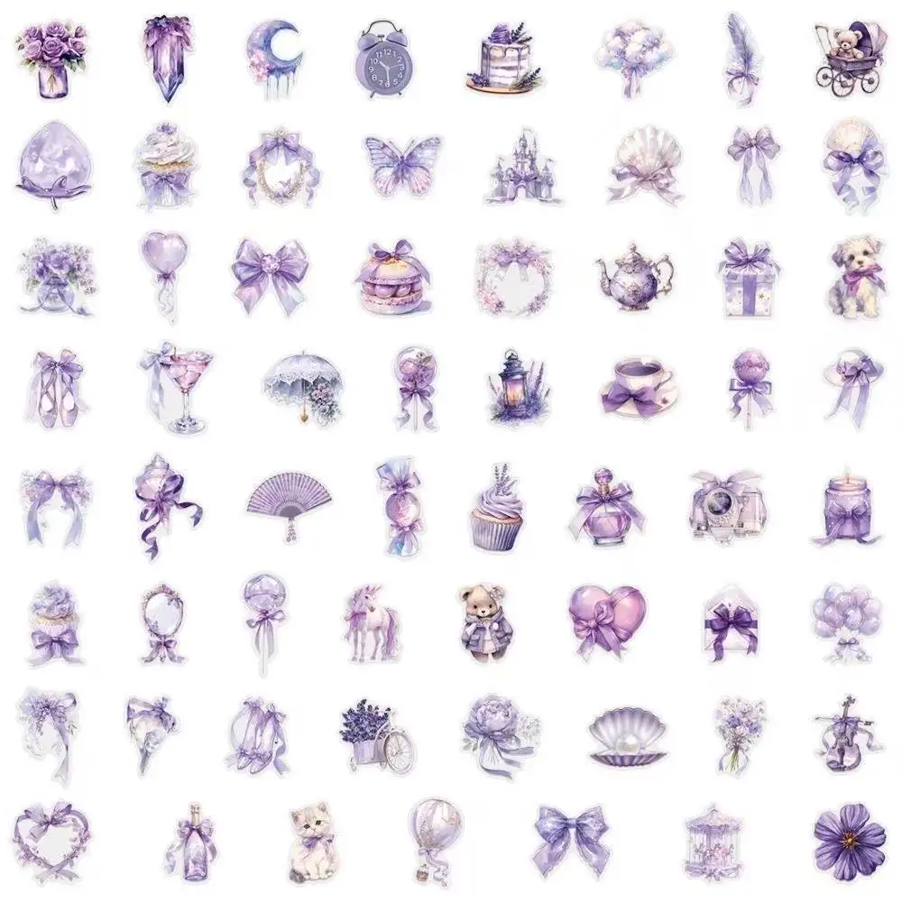 62PCS Cartoon Purple PET Sticky Sticker Aesthetic Colored Decoration Scrapbooking DIY Stationery Supplies