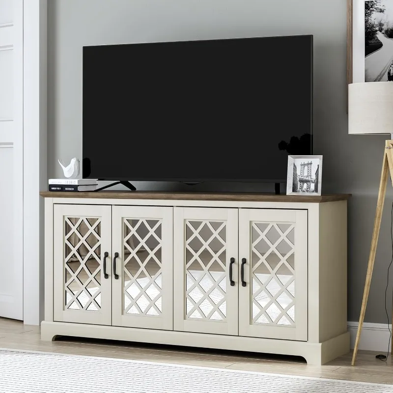 TV Stand Entertainment Center with Mirror Door,Rustic Media Console W/Storage Shelves,Wood Television Stand for Living Room