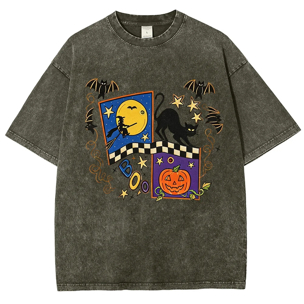 Vintage Washed Halloween Graphic T-shirt Unisex Black Cat Witch Pumpkin Bat Print Short Sleeve Retro Casual Cotton Tee Tops