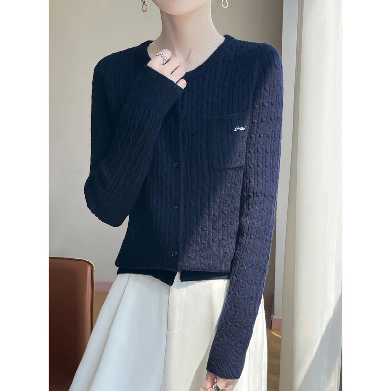 

2025 Hot Autumn Winter 100% Merino Wool Cardigan Women's O-neck Sweater Long Sleeve Warm Cashmere Knitwear Korean Top