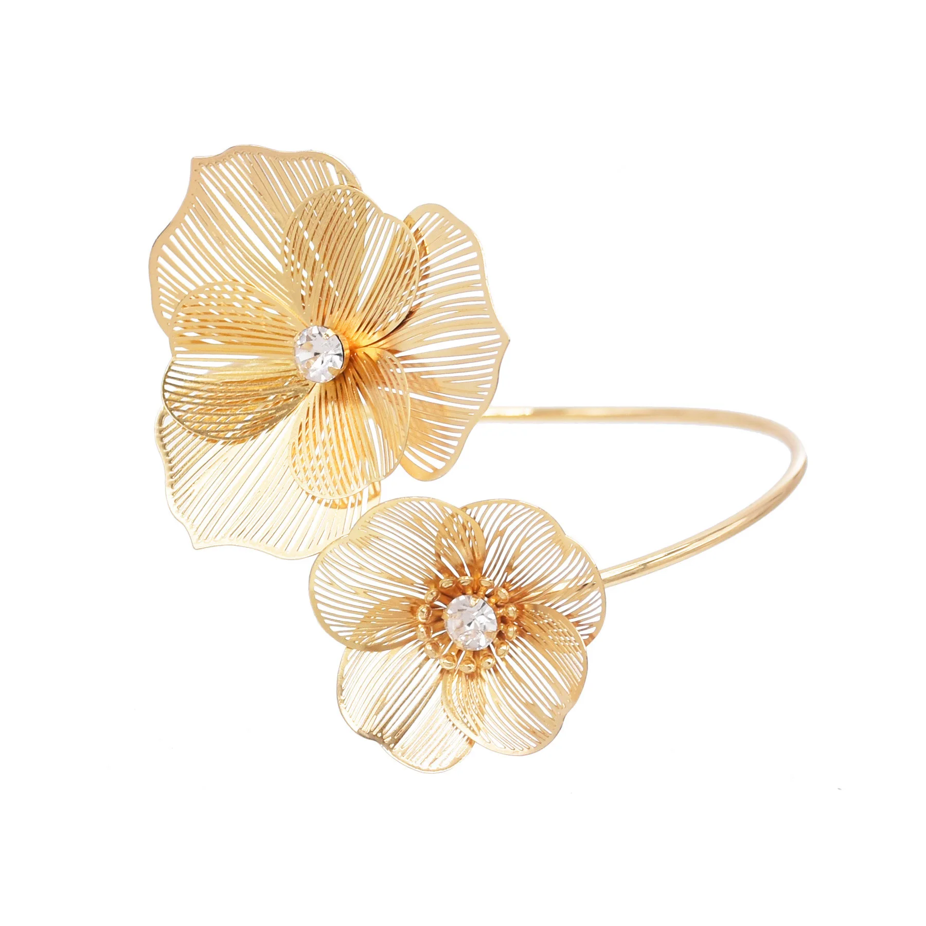Pulsera de brazo con apertura de flor de cristal hueca de varios estilos para mujer, accesorios de boda nupciales de lujo, brazalete, joyería de fiesta de mano