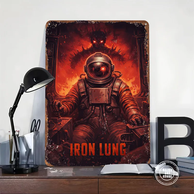 Iron Lung Astronaut in a Fiery Cockpit Printing Poster Customized Retro Wall Art Vintage Metal Signs for Mancave Custom Plate