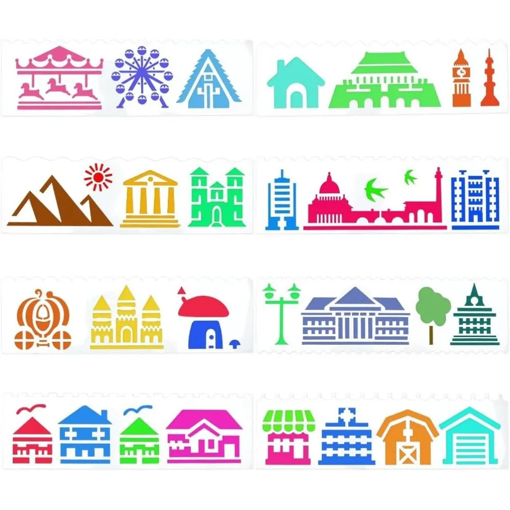 8Pcs Building Stencil Drawing Scale Template White Decorating Stencil Template Edge Baking Tool Plastic Reusable Border Stencil