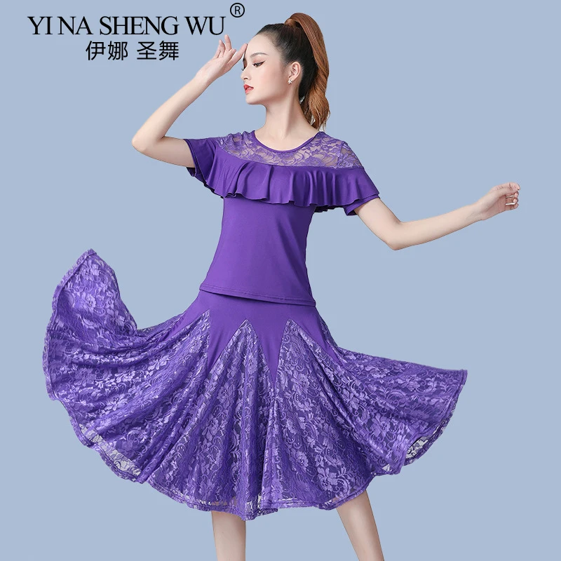 Nowy strój do tańca latynoamerykańskiego Koronkowy krótki rękaw Sukienka do tańca towarzyskiego Trójkrokowy strój do tańca Strój do występów tanecznych Zestaw 2-częściowy Top Spódnica