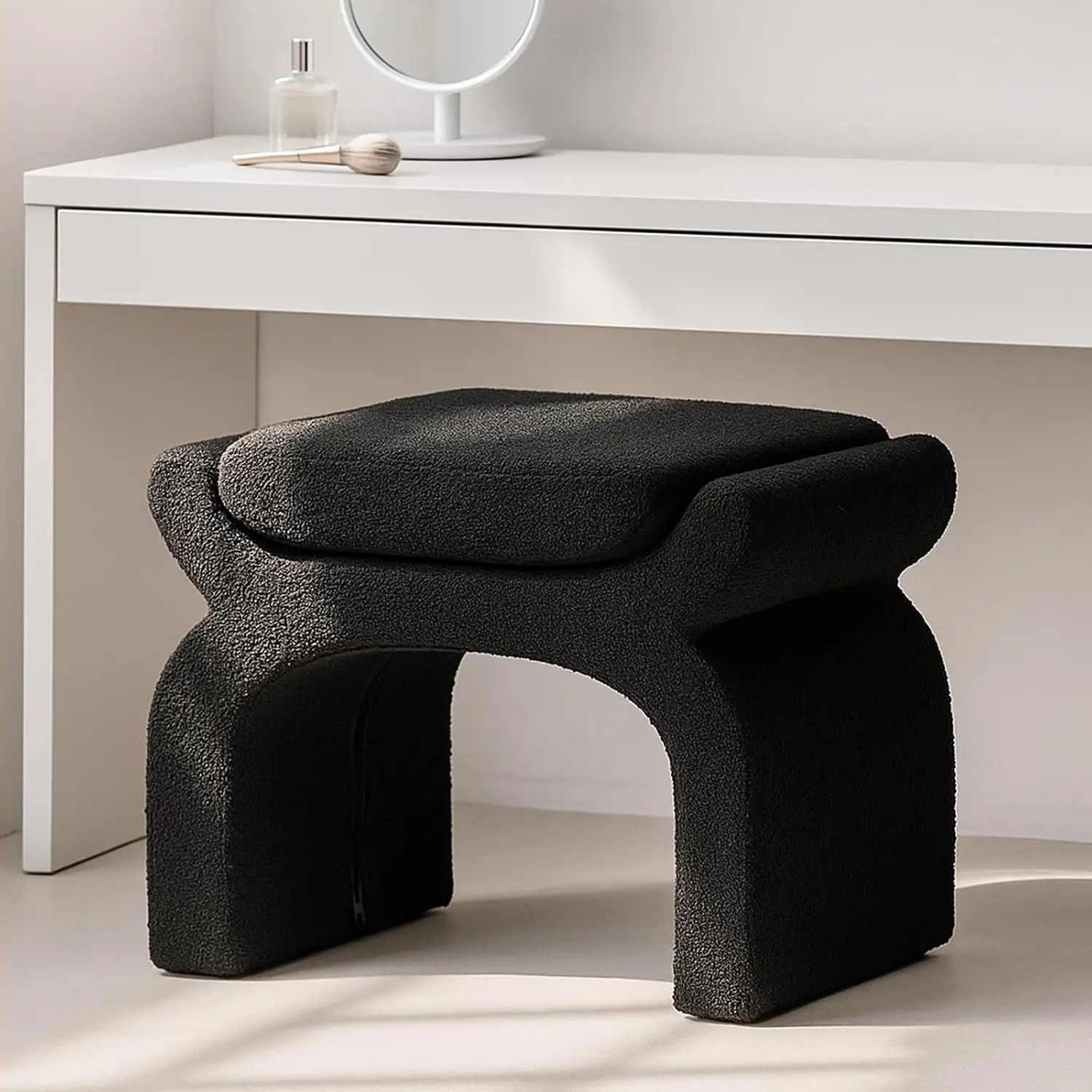 Bouclé Vanity Stool, Minimalist White Chair & Ottoman, Soft Makeup Seat for Bedroom Dressing Table 25.5