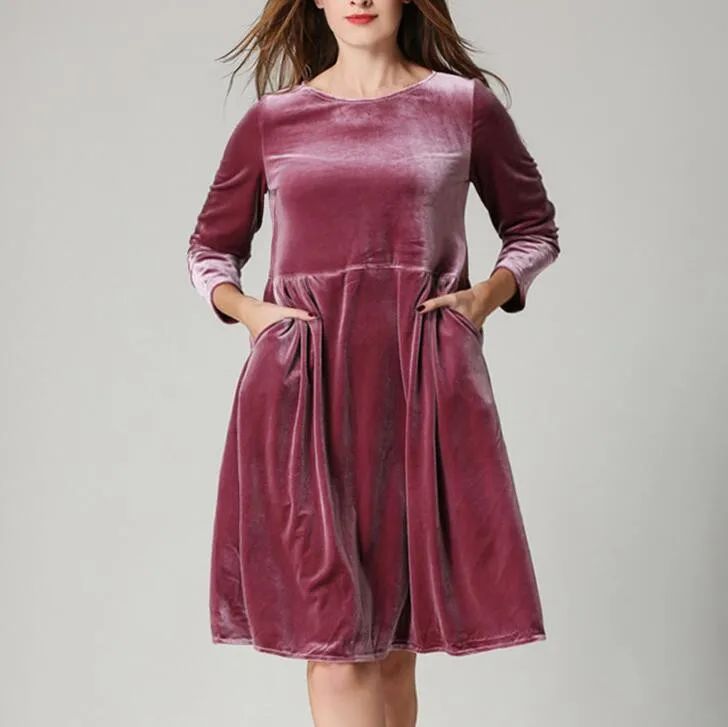 

Women Elegant Full Sleeve Velvet Knee-Length Dress Vintage Casual Loose Solid Dress With Pocket Party Vestidos roupas femininas