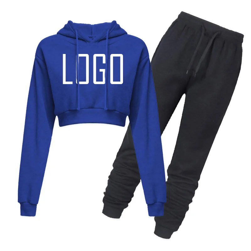 Custom Your Logo Women Solid Crop Top Hoodied Fleece Clothing Long Sleeve Drawstring Pants Tracksuit 2 Pieces Set Outdoor